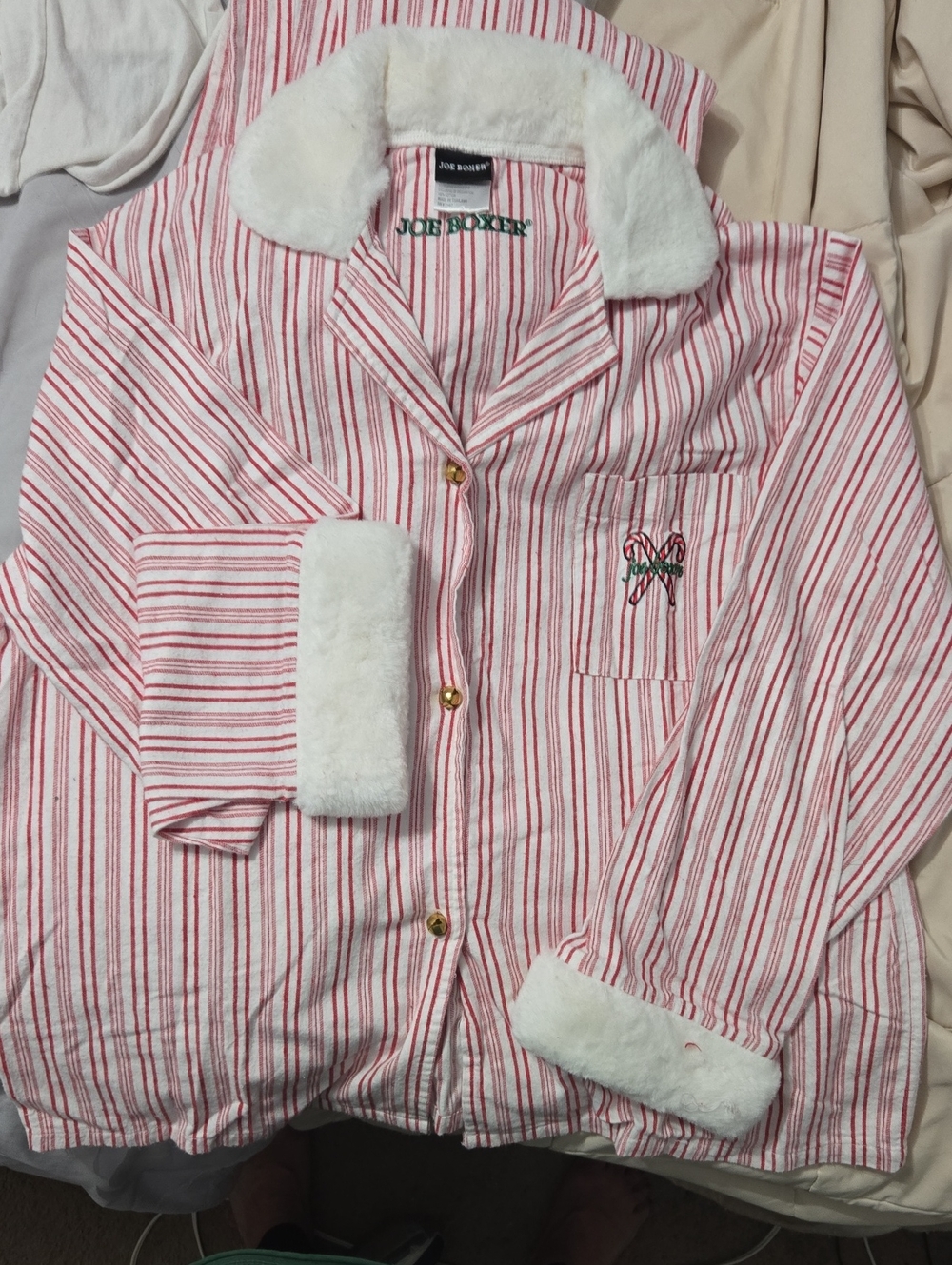 Joe Boxer Red and White Striped Pajama Top with White Faux-Fur Trim